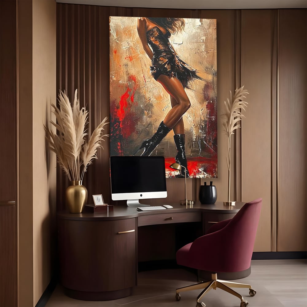 Tablou canvas cu tablou canvas cu silueta de dansatoare, fara rama, pe sasiu de lemn, pe perete intr-un birou